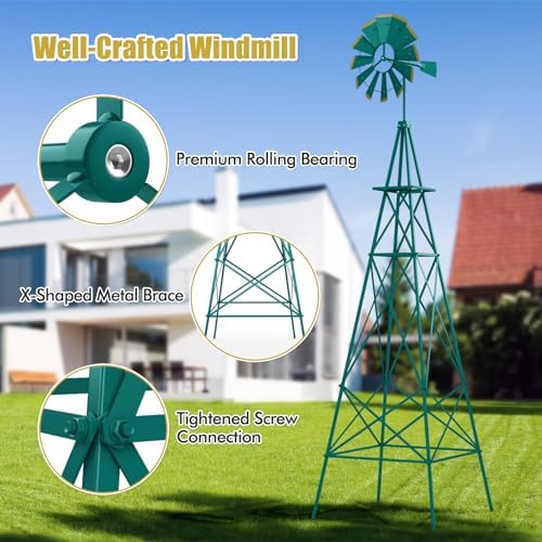 Goplus 8 ft Ornamental Windmill, All-Weather Metal Wind Mill w/ 4 Support Legs, Decorative Weathervane for Backyard, Garden, Farm, 4 Ground Stakes Included (8ft-Green) - Image 6