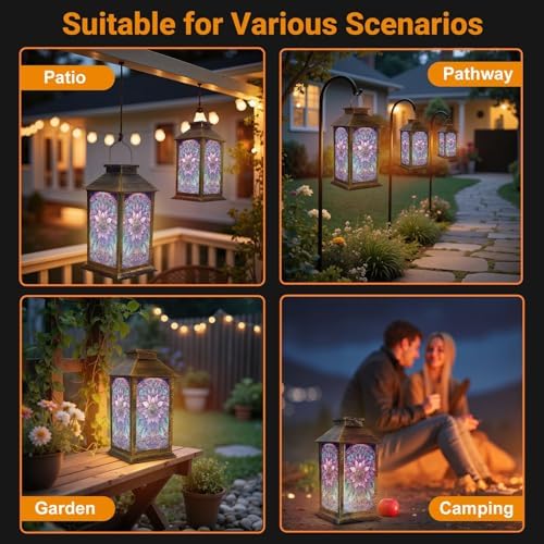 Stained Glass Style Solar Lantern Outdoor Garden Hanging Lantern Pastel Sunflower Stained Glass Symmetrical Mosaic Waterproof Solar Powered Lighting Outside Table Lamp for Patio Deck Yard Camping - Image 5