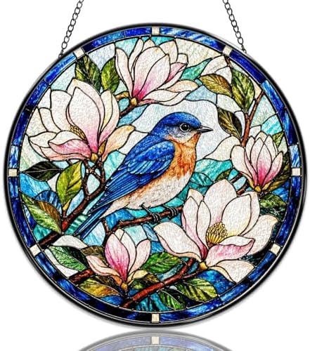 Stained Glass Window Hanging Bluebird and Magnolia Art Sun Catchers Beautiful Bird Flower Suncatchers Decorative for Home Garden Outdoor & Indoor Colorful Gift 9.8 Inch by Unknown