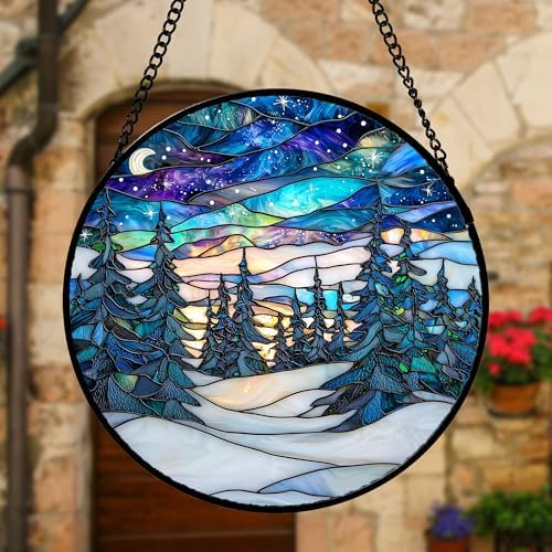 Aurora Winter Forest Stained Glass Window Hanging Suncatcher Gifts 12" - Image 2