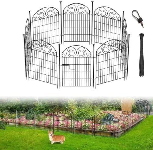 Getlay Tall Garden Fence Animal Barrier with Gate, 40 in(H) 8 Panels Garden Fences and Borders for Dogs, Dog Fence Outdoor for Yard, Total Length 17.5 Ft Metal Temporary Fencing│Patented by Getlaygardenfence