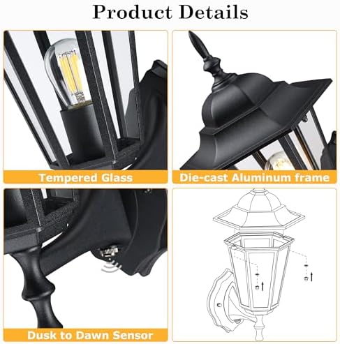 GRUENLICH Outdoor Wall Light Fixture, Antirust Aluminum Glass, Black 2 Pack - Image 4
