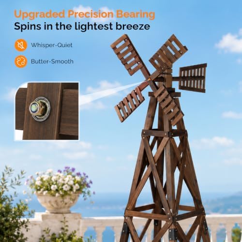 VINGLI Upgraded Wood Windmill with Bearing&Stake for Lawn(Carbonized Brown) - Image 2
