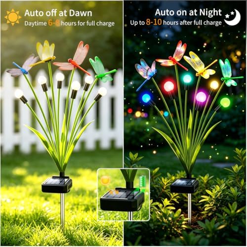 VOOKRY Dragonfly Solar Garden Lights Outdoor (8 Pack, 48 LEDs), Dragonfly Outdoor Decor with Solar Firefly Lights Waterproof Swaying Light for Yard Patio Pathway Gardening Gift for Women, Multicolor - Image 3