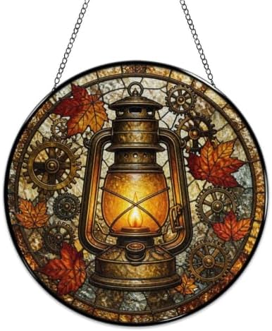 Autumn Lantern Gears Stained Glass Suncatcher 11.8" Colorful Window Hanging Ornament, Sun Catcher Decor for Bathroom Front Door Living Room Home Wall Garden - Image 4