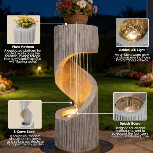 Modern S-Shaped Outdoor Fountain with LED Light, 40 inch Tall Spiral Column Waterfall Feature with Flat Top for Plant Display, Decorative Water Fountain for Garden, Patio - Image 2