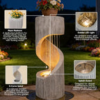 Modern S-Shaped Outdoor Fountain with LED Light, 40 inch Tall Spiral Column Waterfall Feature with Flat Top for Plant Display, Decorative Water Fountain for Garden, Patio - Image 2