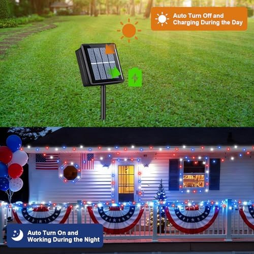QITONG Red White and Blue Solar String Lights, 2 Pack Each 66ft 200 LED 4th of July Lights Outdoor Waterproof, 8 Modes Green Wire Patriotic Led Lights for Independence Memorial Day Decor - Image 6