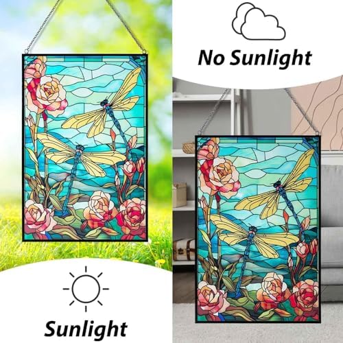 Stained Glass Window Hanging, Dragonfly Suncatchers for Windows Hanging, Handcrafted Sun Catchers Indoor Window Panel for Home Decor, Gift for Mom, Wife, Friends, Rectangular W10 xH15 - Image 4