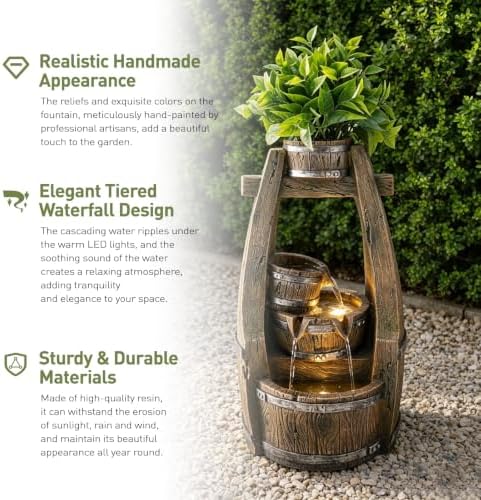 18.9" H Rustic Barrel Outdoor Fountain with Planter Bowl & 4-Tier Cascading Water Feature Low-Maintenance Garden Water Feature- LED- Suitable for Yard, Deck, Backyard Decor - Image 7