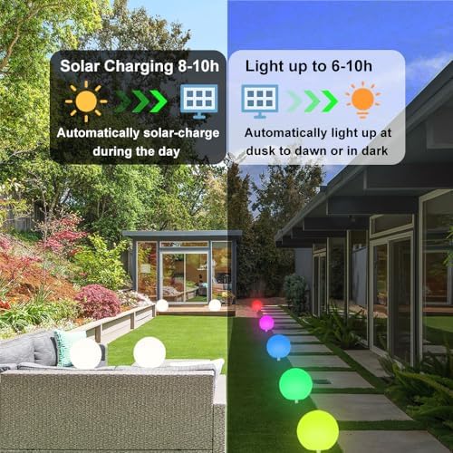 10-in Solar Globe Light, Solar Garden Ball Light Outdoor w/Remote, 16 RGB Color 4 Modes Glowing Ball, Waterproof Smart Light Sensor Control Outdoor Orb Lamp w/Ground Stake for Pathway Patio Yard Party - Image 7