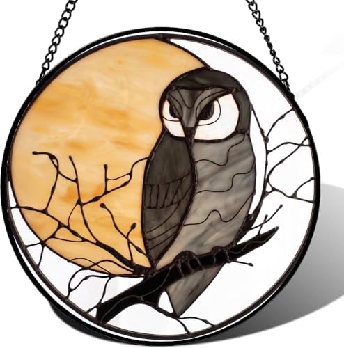 9.84 Inch Owl and Moon Stained Glass Window Hanging Sun Catchers Vibrant Glass Panel with Metal Chain for Home Decor Gift for Women Mother's Day Birthday Men and Mom by Unknown