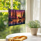 Moose Wading Through Shimmering Lake Rectangular Stained Glass Suncatcher – Hanging Window Panel with Animal & Nature Scene – Vibrant Glass Art Gift for Wildlife, Fantasy, Nature Lovers Id2VhA - Image 2