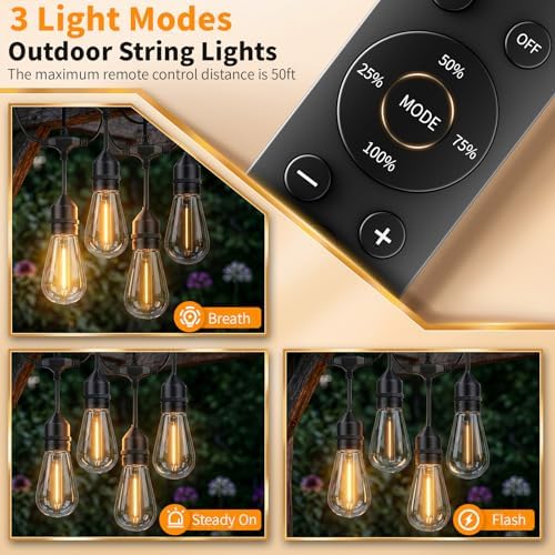 Hotsonic Remote Control Outdoor String Lights Waterproof, 50 FT LED Outside Lights with Shatterproof Bulbs, Dimmable Hanging S14 Lights 3 Modes for Patio Porch Garden pergola Yard Party House Decors - Image 5