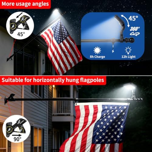 Solar Flag Pole Light – Solar Powered LED Spotlight, Dusk to Dawn Auto On/Off, Waterproof Outdoor Lighting for 1-1.5" Flagpoles, Fits 5-6FT Pole for Outside House & Garden (Large Size) - Image 6