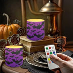 Purple Halloween Flameless Candles with Remote Battery Operated Candles with Timer Pack of 4 Black Bat Print LED Pillar Tea Lights for Indoor Outdoor Party Home Decorations - Image 3