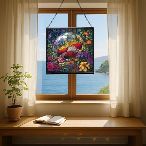 Floating Bubble Nest Gnome Stained Glass Suncatcher – Square Hanging Window Panel for Home or Greenhouse – Whimsical Glass Art Gift for Garden Lovers, Christmas, Halloween, Father Days LGtTkD - Image 6