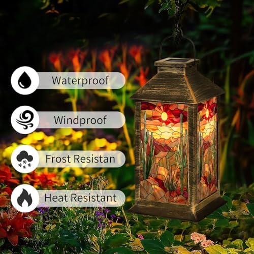 Solar Lantern Illuminated Stained Glass Decor Outdoor Waterproof Garden Hanging Lantern Solar Powered Lighting Outside Table Lamp for Patio Deck Camping 1 Pack - Image 2