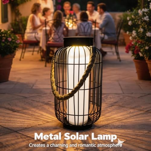 pearlstar Large Solar Powered Lantern Outdoor-Heavy Duty Metal Hanging Lights Decorative Solar Table Lamp Waterproof for Outside Patio Yard Garden Porch Tabletop Decor (Black) - Image 6
