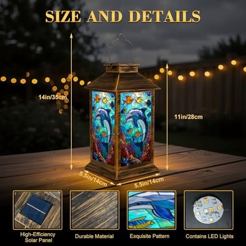 Solar Lantern Outdoor Waterproof Stained Glass Dolphin Colorful Tropical Fish Underwater Scene Garden Decor LED Hanging Solar Lights Tabletop Lamp Gifts for Women Mom Outside Yard Patio Porch - Image 2