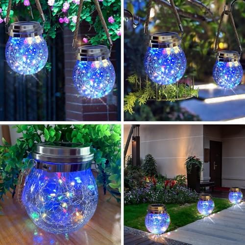 Hang Outdoor Solar Lights Waterproof, 2 Pack 30LED Cracked Glass Ball Decorative Lanterns, Solar Powered Landscape with Handle for Yard Patio Fence House Holiday Decor, Birthday Gift for Women - Image 6