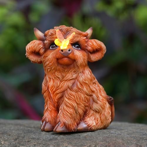 Highland Cow Solar Powered Outdoor Garden Statue, with Light Lantern by Roundot