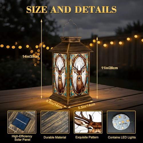 Solar Lantern Outdoor Waterproof Stained Glass Deer Portrait Ornate Floral Frame Warm Cool Tones Garden Decor LED Hanging Solar Lights Tabletop Lamp Gifts for Women Mom Outside Yard Patio Porch - Image 2