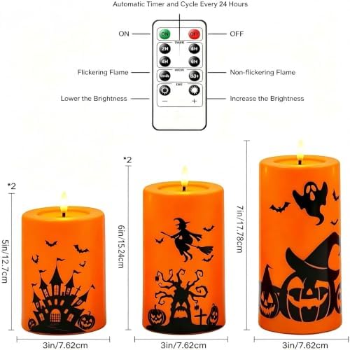 kakoya 5 Pack Halloween Flameless LED Pillar Candles, Orange Plastic Battery Operated Candles with 2 Remote Timer, Castle Pumpkin Witch Pattern for Halloween Spooky Decor - Image 5