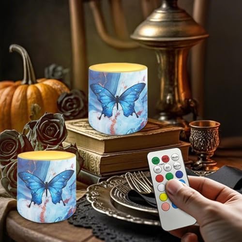 4 Pcs Flameless Votive Candles Battery Operated LED Pillar Candle Tealights Long Lasting with Remote Timer for Indoor Outdoor Coastal Home Decor Butterfly Marble Texture Blue - Image 2