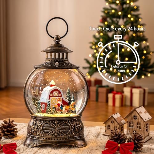 Christmas Snow Globe Lantern with Santa Carriage and Red Barn, Musical Lighted Water Lantern with Swirling Glitter, 6H Timer, USB Powered or Battery Operated, Vintage Tabletop Christmas Decor Gift - Image 6
