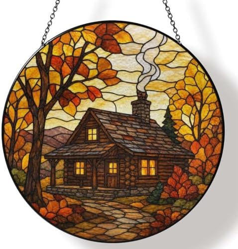 Autumn Maple Log Cabin Stained Glass Suncatcher 9.8" Colorful Window Hanging Ornament, Retro Sun Catcher Decor with Chain for Home Wall Garden Birthday Christmas Mothers Day by FeHuew