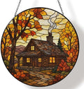 Autumn Maple Log Cabin Stained Glass Suncatcher 9.8" Colorful Window Hanging Ornament, Retro Sun Catcher Decor with Chain for Home Wall Garden Birthday Christmas Mothers Day by FeHuew