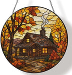 Autumn Maple Log Cabin Stained Glass Suncatcher 9.8" Colorful Window Hanging Ornament, Retro Sun Catcher Decor with Chain for Home Wall Garden Birthday Christmas Mothers Day by FeHuew