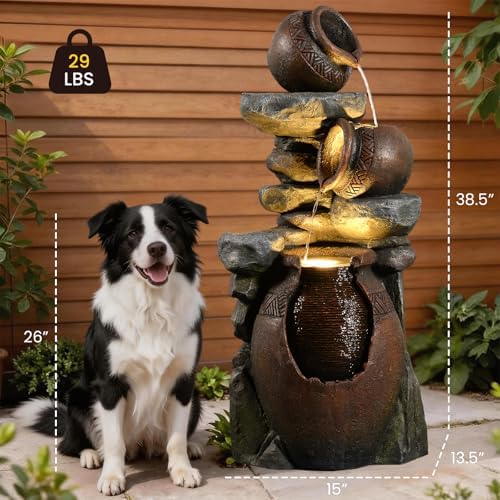 Rustic Jar Outdoor Water Fountain with Planter 38.5" Large Tiered Waterfall with Warm LED Lights, Handcrafted Resin Fountain for Zen Garden, Deck & Indoor Home Decor - Image 2
