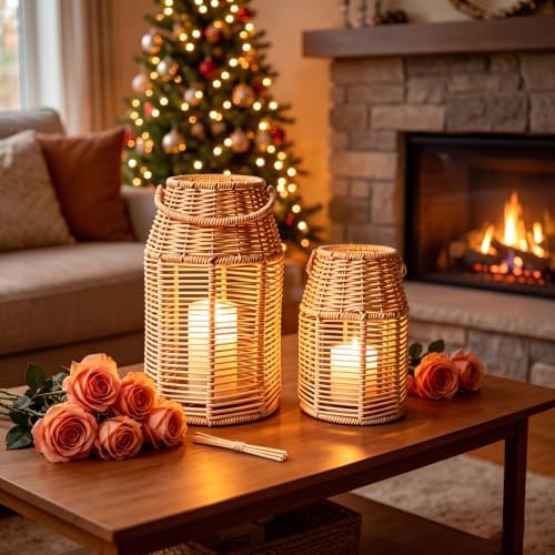 2 Pack Rattan Lanterns Boho Decor 10" 8", Handwoven Wicker Outdoor Patio Decor with Handle, Woven Lamp Shades for Home, Front Porch, Tabletop, Indoor Decoration - Image 5