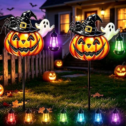 2 Pcs Solar Halloween Pumpkin Outdoor Lights Jack O Halloween Garden Stakes by MRHEPHAESTUS