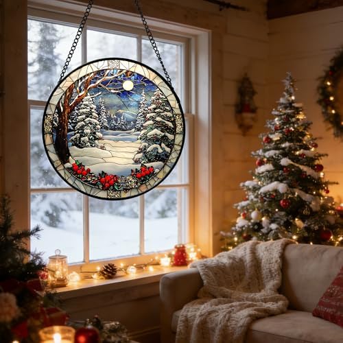 Winter Snow Night Scenery Stained Glass Window Hanging Suncatcher Gift 9.8" - Image 5