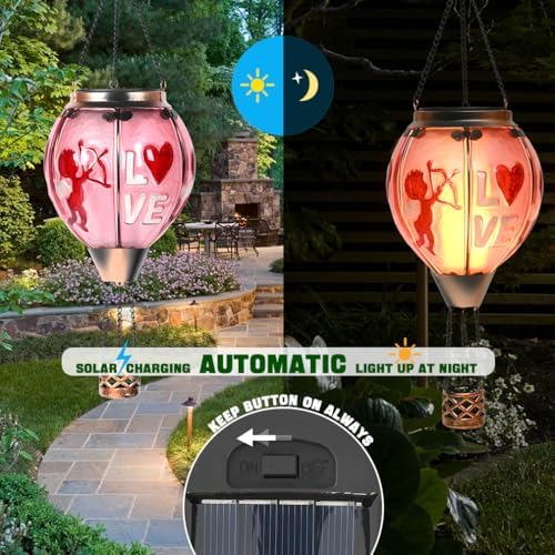 Easter Hot Air Balloon Solar Lantern - Valentine's Day Glass Lantern, Simulated Flickering Dancing Flame, Outdoor Hanging Sunflower Yard Light Waterproof IP65 for Valentines Gift - Image 3