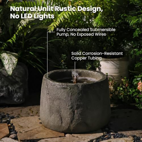 Tankana Compact Round Faux Stone Trough Water Fountain Outdoor Bubbler Water Feature Indoor with Solid Copper Tubing & Hidden Pump, Cottage Garden Yard Patio Entryway Meditation Fountain, Gray - Image 3