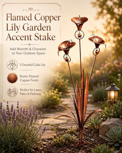 2026 Flamed Copper Three Calla Lilies Garden Stake with Bells, Handmade Metal Flower Rain Catcher Art Decor, Weatherproof Outdoor Yard Sculpture for Lawn, Patio and Pathway Decoration - Image 2
