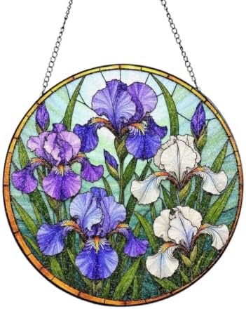 Purple White Irises Stained Glass Round Art Stained Suncatcher 9.8 Inch by Unknown