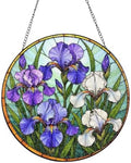 Purple White Irises Stained Glass Round Art Stained Suncatcher 9.8 Inch by Unknown