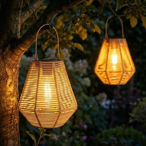 pearlstar Solar Lanterns Outdoor Waterproof Rattan Hanging or Table Lights - Image 2