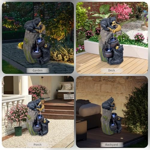 23.6" Bear Waterfall Fountain with LED Lights, Rustic Tree Stump Resin Water Feature for Zen Garden & Patio, Tiered Outdoor Fountain for Backyard, Deck, Porch - Image 3