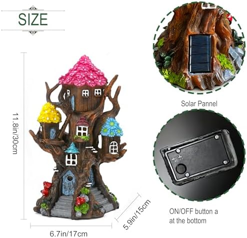 Solar Fairy House 11.8” Tall Fairy Garden House for Outside, Large Fairy Garden Treehouse Accessories Outdoor, Gnome House Garden Statue Fairy Tree House, for Home, Yard, Balcony Decor - Image 3