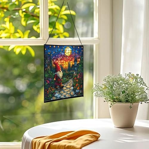 Twilight Garden Gnome Stroll Stained Glass Suncatcher – Square Hanging Window Panel for Home or Greenhouse – Whimsical Glass Art Gift for Garden Lovers, Christmas, Halloween, Father Days CvOKPY - Image 3