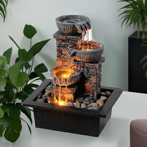 Kalona Tabletop Waterfall Fountain 3 Bowls with LED Light, Soothing Water Flow Sound, Zen Meditation Decor for Home and Office, Relaxation Water Fountains Indoor (23113) by Kalona