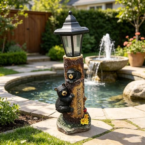 Solar Bear Garden Statue with Welcome Sign, 19" Resin Bear Family in Tree Trunk, Outdoor Solar Light Wildlife Lawn Ornament for Yard, Patio, Porch, Cabin & Front Door Decor - Image 2