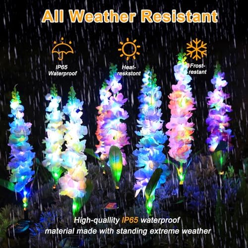 Solar Garden Lights Solar Delphinium Flowers Lights 4 Pack Waterproof Outdoor Light for Outside Wedding Party Garden Yard Patio Lawn Decor 4 Colors Combo - Image 4