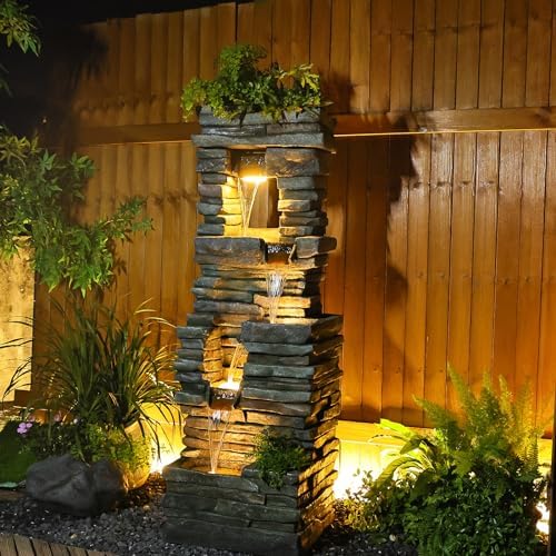Tankana 60 inches Large Outdoor Water Fountain Waterfall — Garden Rock Fountains 4-Tiered Waterfalls Outdoor with Lights Natural Stone Look Hollow Fountain for Patio Pool Porch Backyard, Stone Gray - Image 6